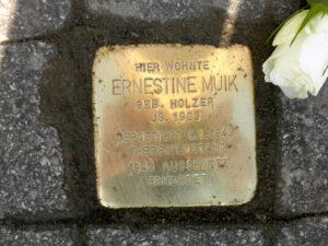 <p>HIER WOHNTE<br />
ERNESTINE MUIK<br />
GEB. HOLZER<br />
JG. 1903<br />
DEPORTIERT 8.1.1943<br />
THERESIENSTADT<br />
1943 AUSCHWITZ<br />
ERMORDET</p>
