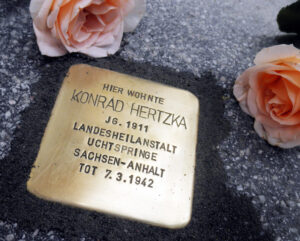 <p>HIER WOHNTE<br />
KONRAD HERTZKA<br />
JG. 1911<br />
LANDESHEILANSTALT<br />
 UCHTSPRINGE<br />
SACHSEN-ANHALT<br />
TOT 7.3.1942</p>
